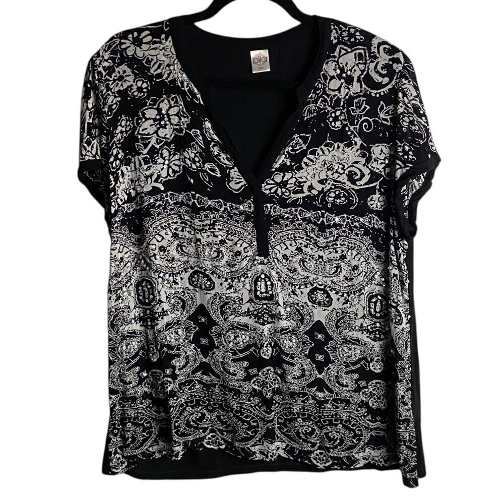 Bila Size XXL Black and White Beaded Blouse Sequins Embellished Semi Sheer Boho